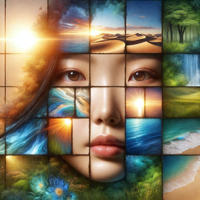 The primary subject of the image is a woman's face, which is made up of various artistic elements such as flowers, trees, and landscapes. The setting is a collage of different artworks, creating a unique and visually appealing composition. The visual style is a combination of digital art and illustration, with the woman's face being the focal point. The colors and mood of the image are vibrant and lively, with the woman's face being the central point of interest.